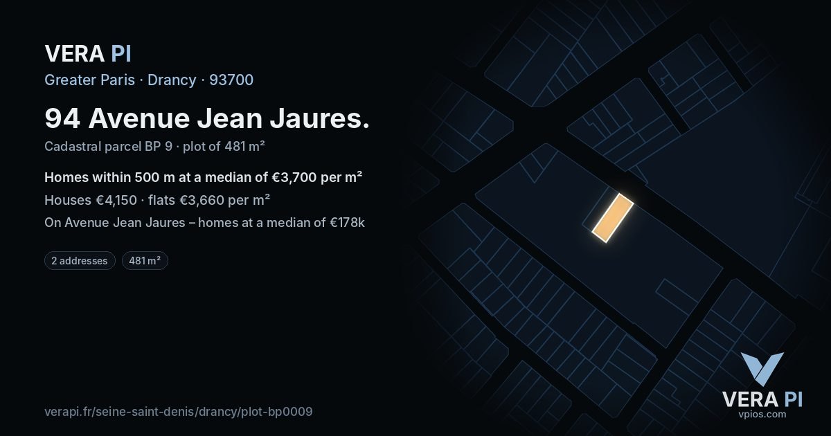 94 Avenue Jean Jaures, Drancy at night – the plot lit, the parcels around coloured by the prices near them