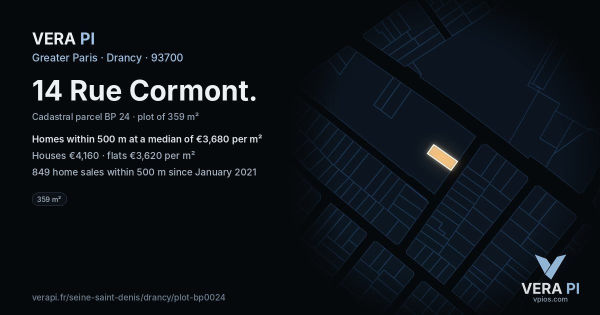 14 Rue Cormont, Drancy at night – the plot lit, the parcels around coloured by the prices near them