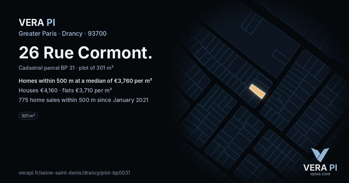 26 Rue Cormont, Drancy at night – the plot lit, the parcels around coloured by the prices near them