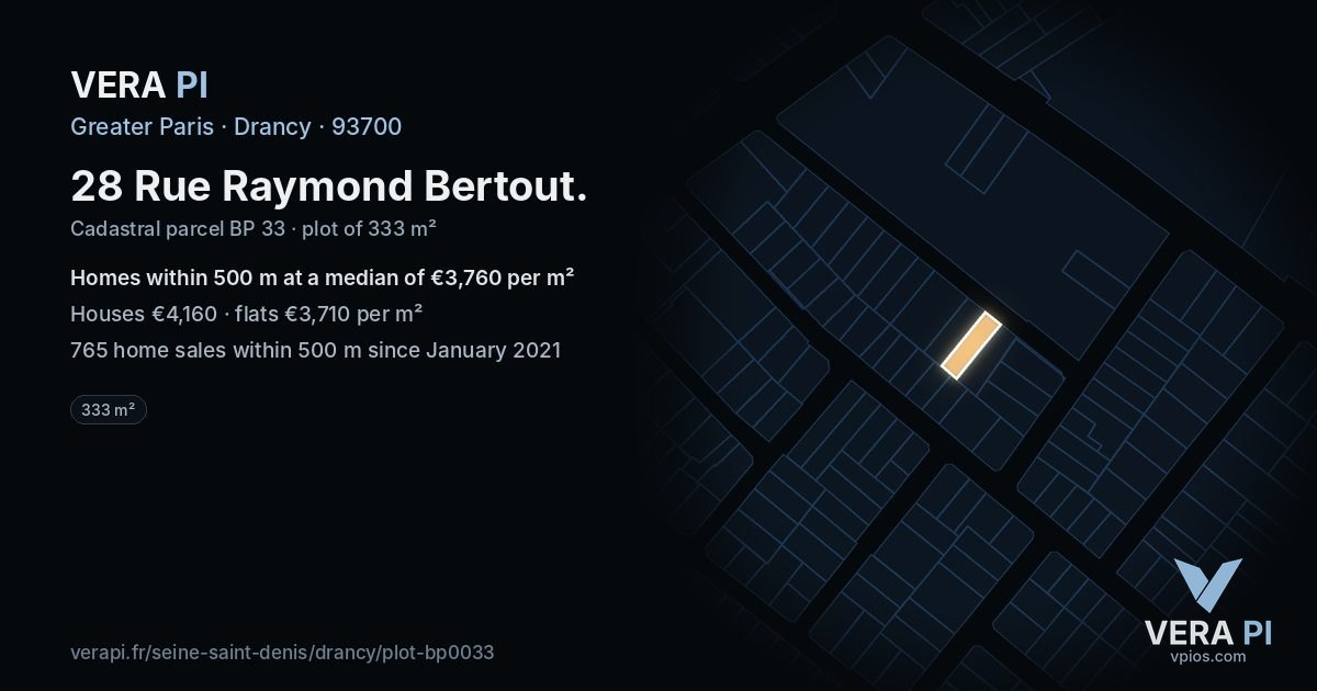 28 Rue Raymond Bertout, Drancy at night – the plot lit, the parcels around coloured by the prices near them