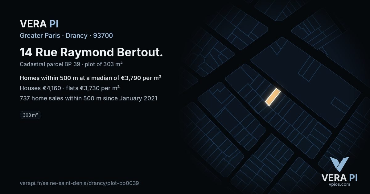 14 Rue Raymond Bertout, Drancy at night – the plot lit, the parcels around coloured by the prices near them