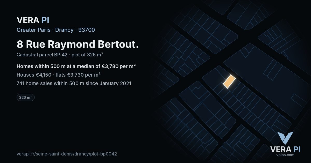 8 Rue Raymond Bertout, Drancy at night – the plot lit, the parcels around coloured by the prices near them