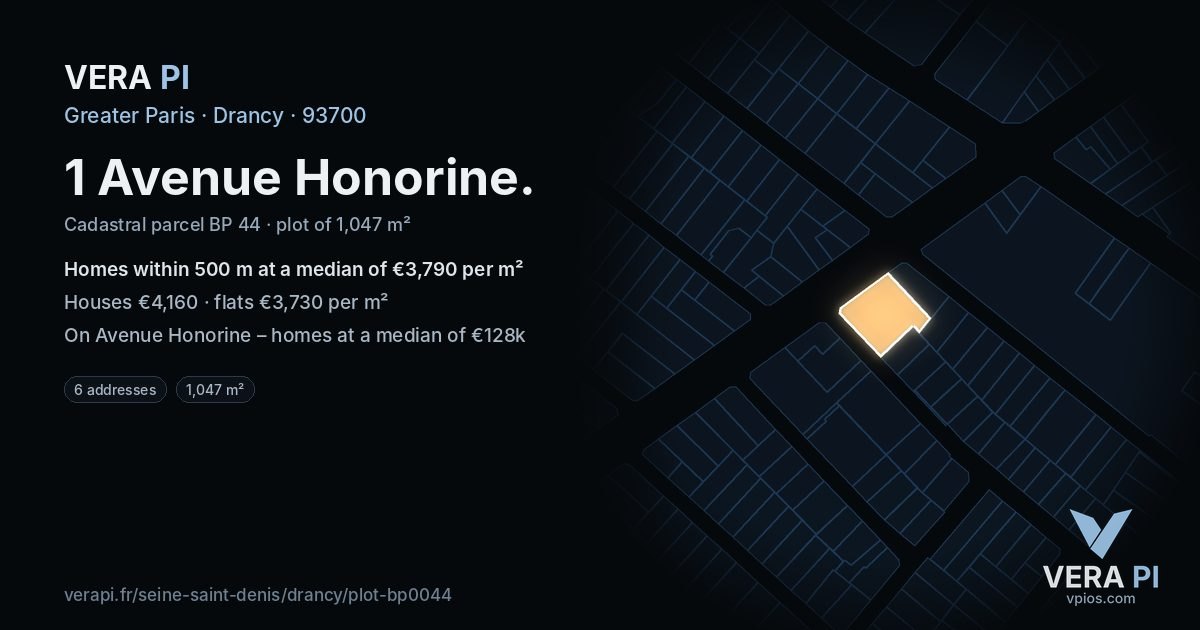 1 Avenue Honorine, Drancy at night – the plot lit, the parcels around coloured by the prices near them