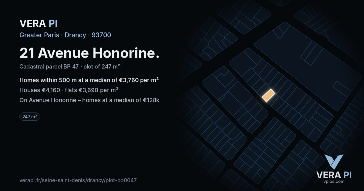 21 Avenue Honorine, Drancy at night – the plot lit, the parcels around coloured by the prices near them
