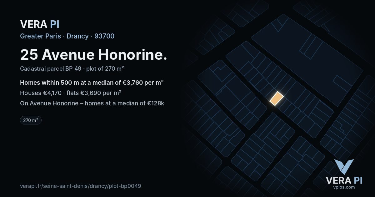 25 Avenue Honorine, Drancy at night – the plot lit, the parcels around coloured by the prices near them