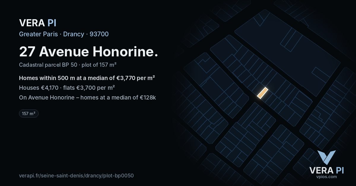 27 Avenue Honorine, Drancy at night – the plot lit, the parcels around coloured by the prices near them