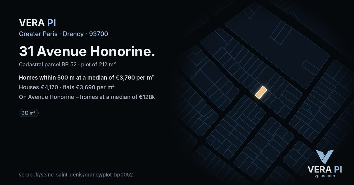 31 Avenue Honorine, Drancy at night – the plot lit, the parcels around coloured by the prices near them