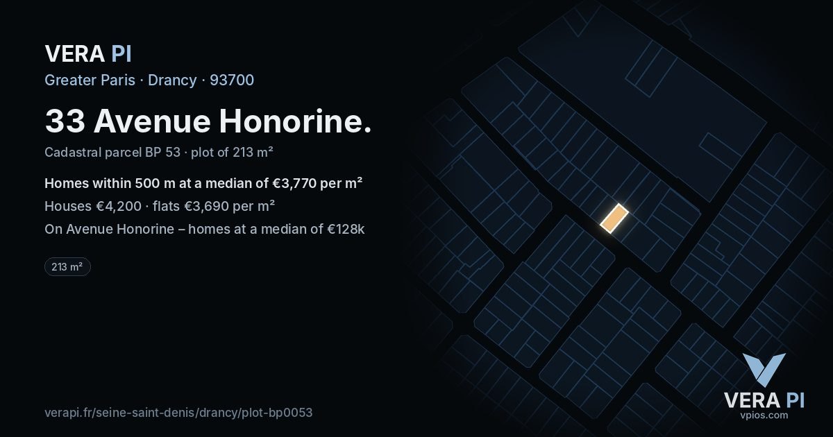 33 Avenue Honorine, Drancy at night – the plot lit, the parcels around coloured by the prices near them