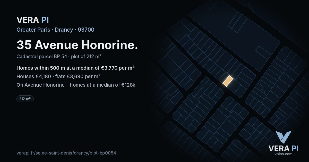 35 Avenue Honorine, Drancy at night – the plot lit, the parcels around coloured by the prices near them