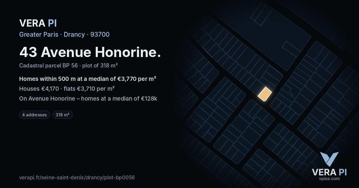 43 Avenue Honorine, Drancy at night – the plot lit, the parcels around coloured by the prices near them