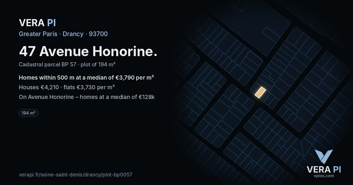 47 Avenue Honorine, Drancy at night – the plot lit, the parcels around coloured by the prices near them