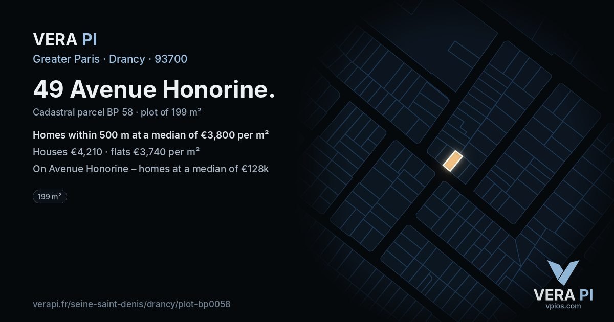 49 Avenue Honorine, Drancy at night – the plot lit, the parcels around coloured by the prices near them