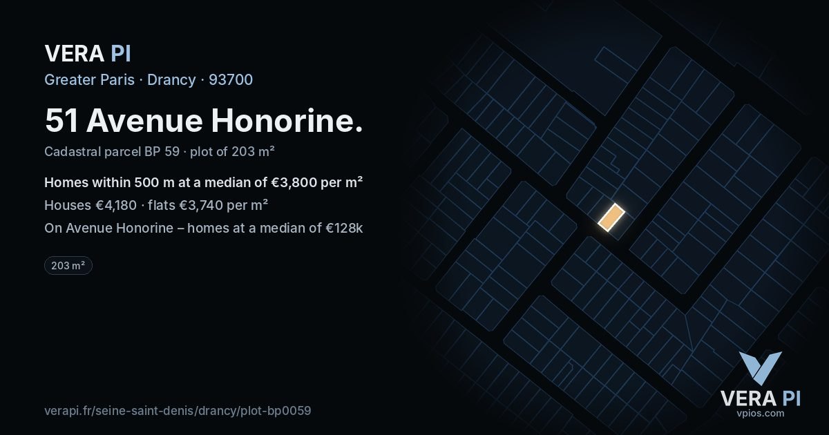 51 Avenue Honorine, Drancy at night – the plot lit, the parcels around coloured by the prices near them