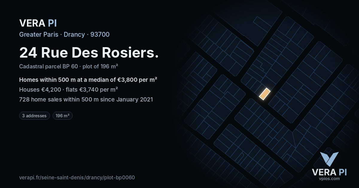 24 Rue Des Rosiers, Drancy at night – the plot lit, the parcels around coloured by the prices near them