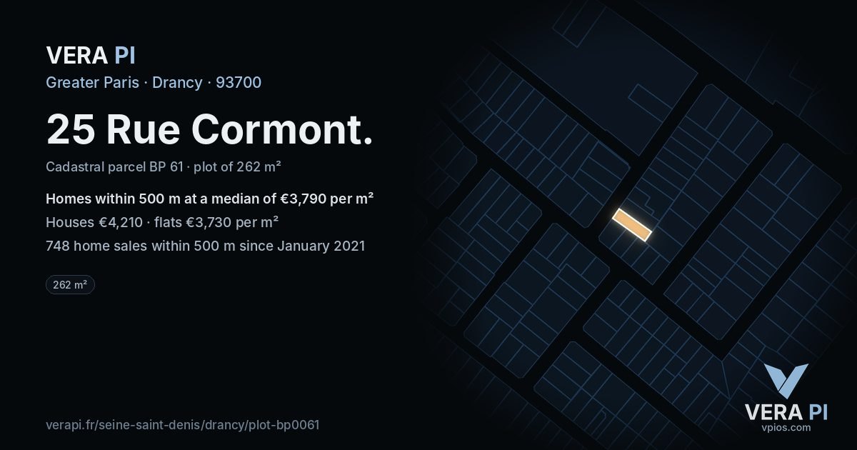 25 Rue Cormont, Drancy at night – the plot lit, the parcels around coloured by the prices near them