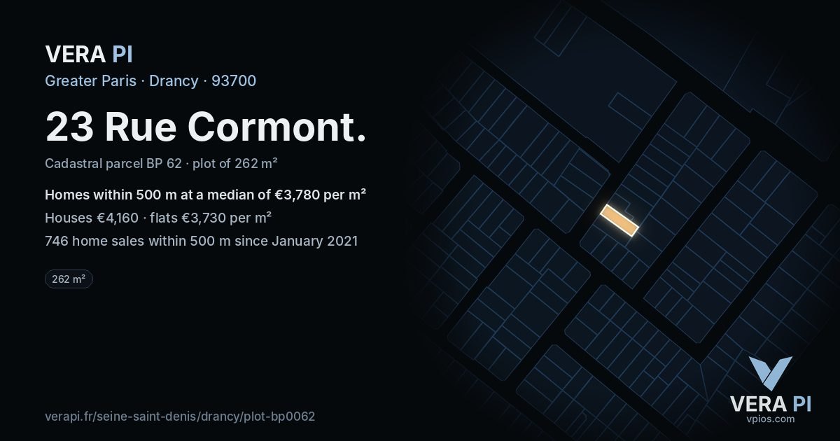 23 Rue Cormont, Drancy at night – the plot lit, the parcels around coloured by the prices near them