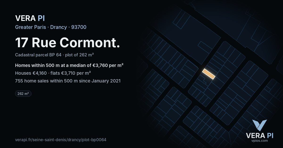 17 Rue Cormont, Drancy at night – the plot lit, the parcels around coloured by the prices near them