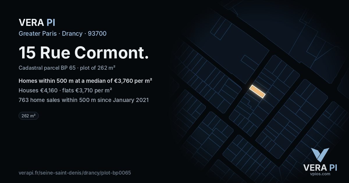 15 Rue Cormont, Drancy at night – the plot lit, the parcels around coloured by the prices near them
