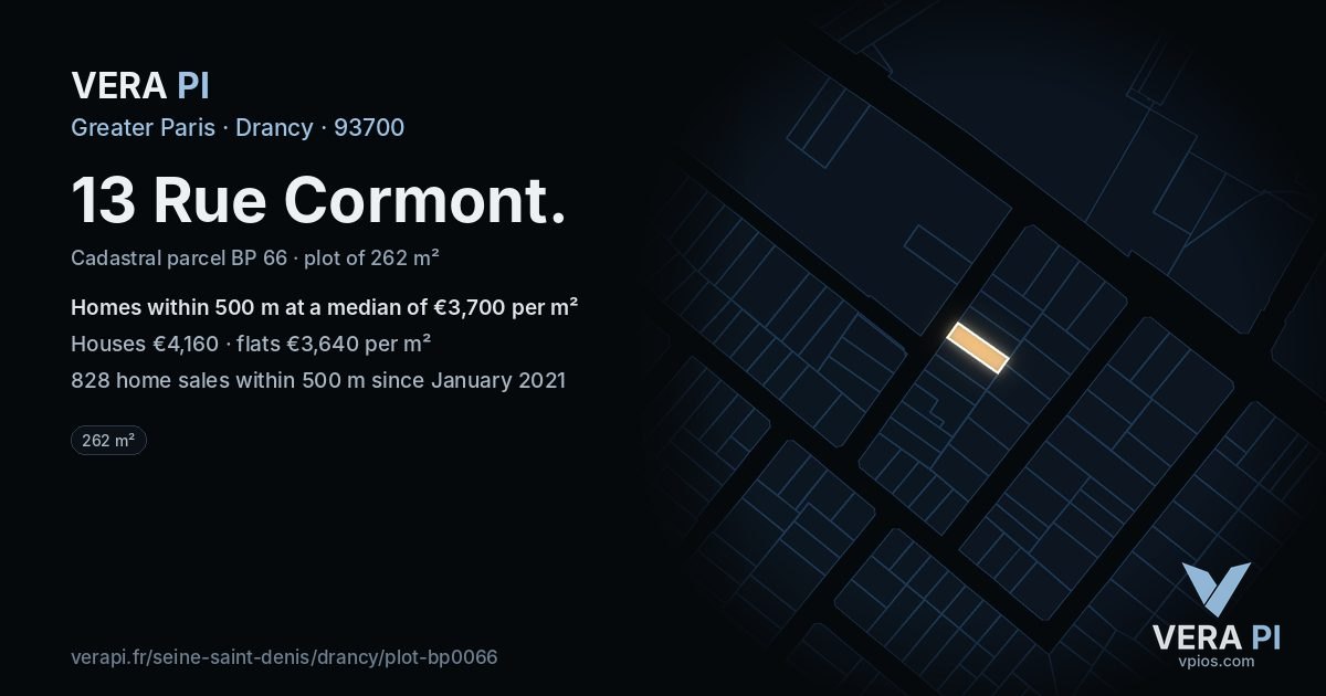 13 Rue Cormont, Drancy at night – the plot lit, the parcels around coloured by the prices near them