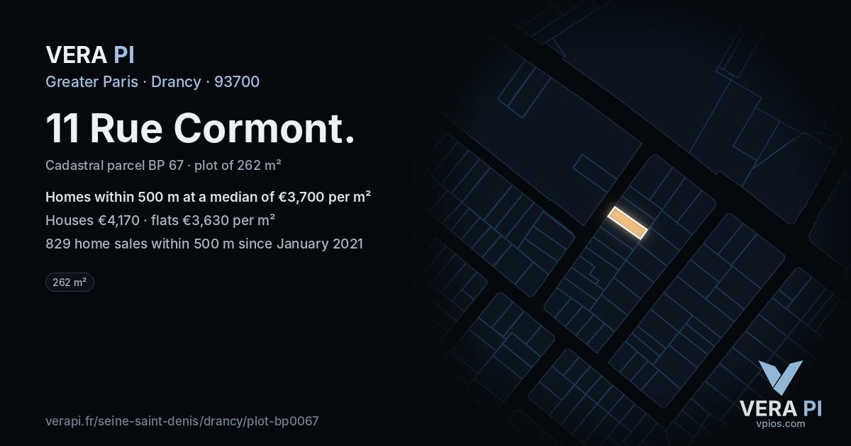 11 Rue Cormont, Drancy at night – the plot lit, the parcels around coloured by the prices near them