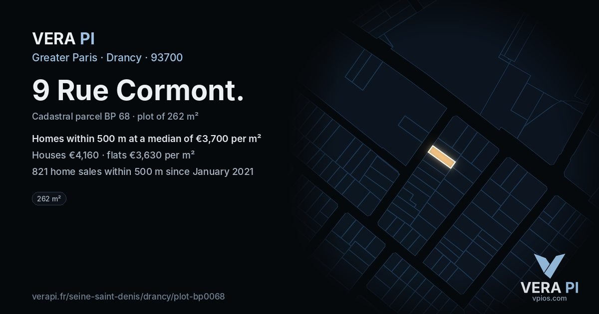 9 Rue Cormont, Drancy at night – the plot lit, the parcels around coloured by the prices near them