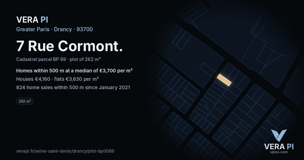 7 Rue Cormont, Drancy at night – the plot lit, the parcels around coloured by the prices near them