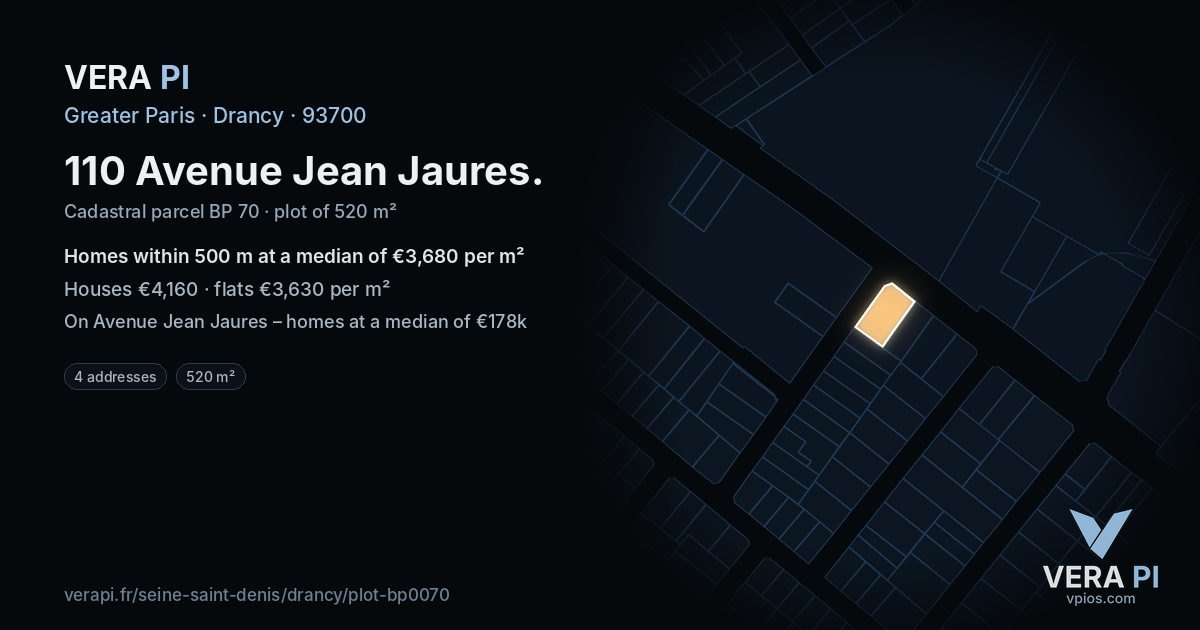 110 Avenue Jean Jaures, Drancy at night – the plot lit, the parcels around coloured by the prices near them