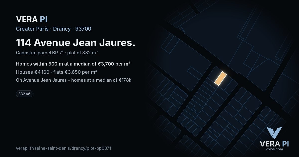 114 Avenue Jean Jaures, Drancy at night – the plot lit, the parcels around coloured by the prices near them