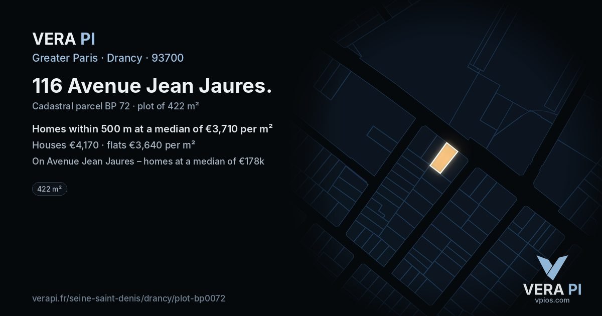 116 Avenue Jean Jaures, Drancy at night – the plot lit, the parcels around coloured by the prices near them