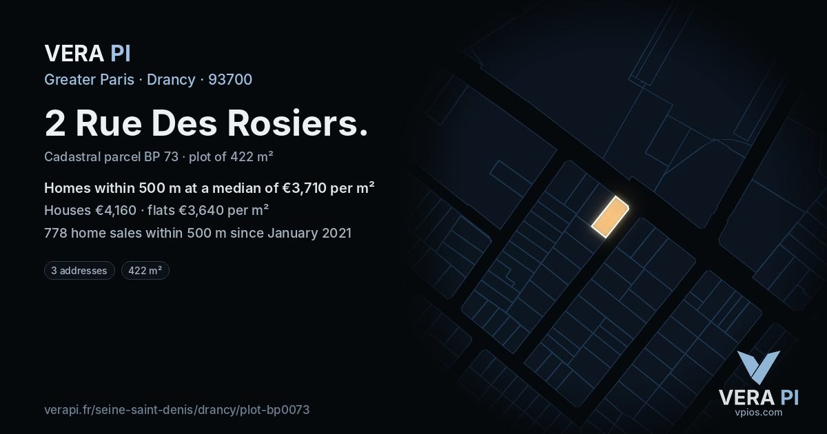 2 Rue Des Rosiers, Drancy at night – the plot lit, the parcels around coloured by the prices near them