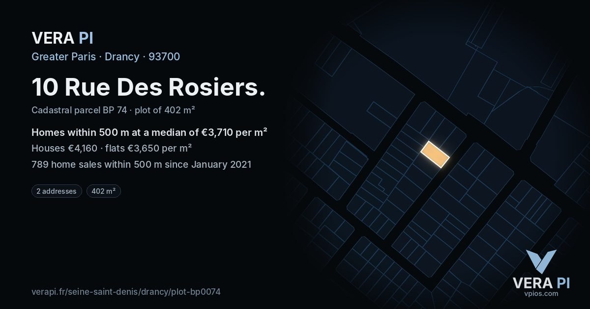 10 Rue Des Rosiers, Drancy at night – the plot lit, the parcels around coloured by the prices near them