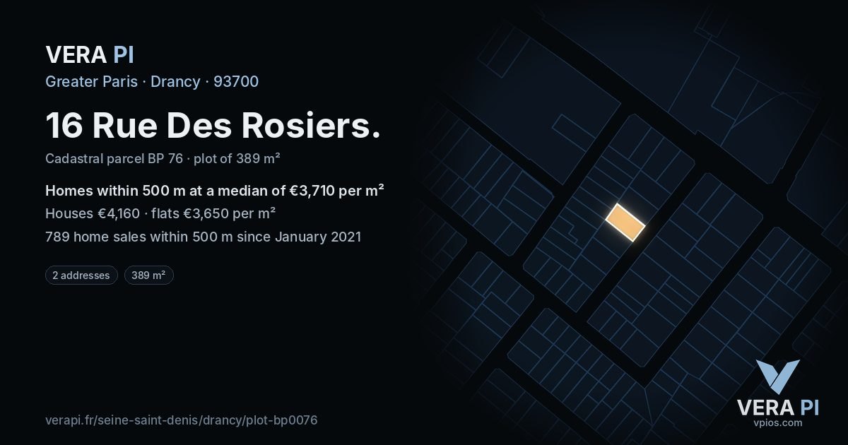 16 Rue Des Rosiers, Drancy at night – the plot lit, the parcels around coloured by the prices near them