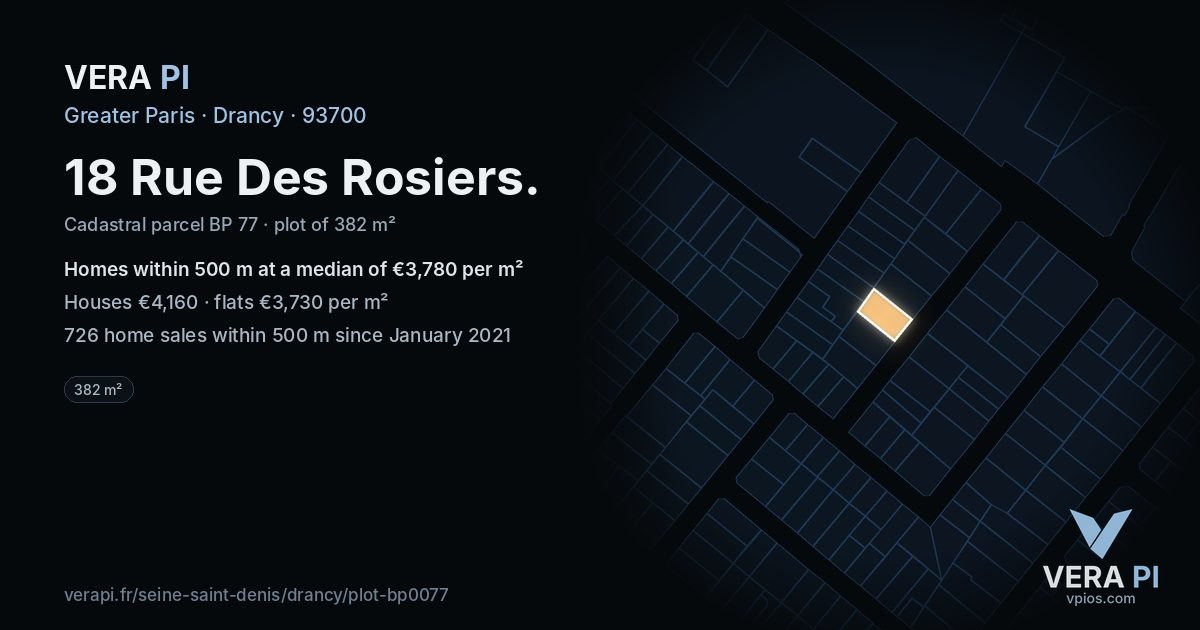 18 Rue Des Rosiers, Drancy at night – the plot lit, the parcels around coloured by the prices near them