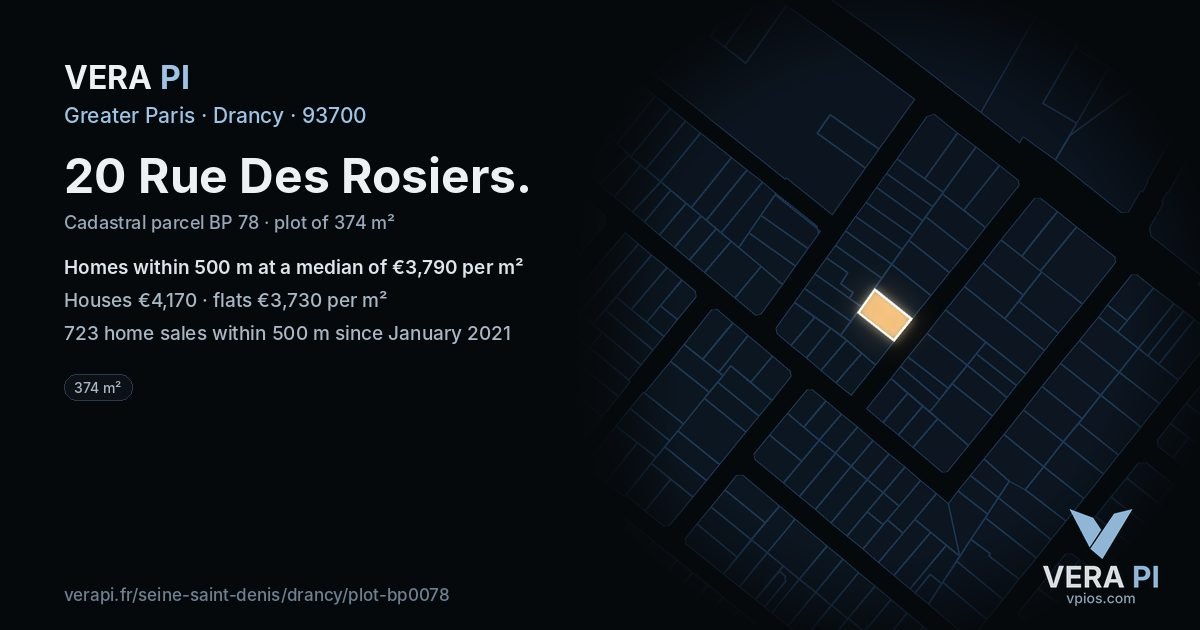 20 Rue Des Rosiers, Drancy at night – the plot lit, the parcels around coloured by the prices near them