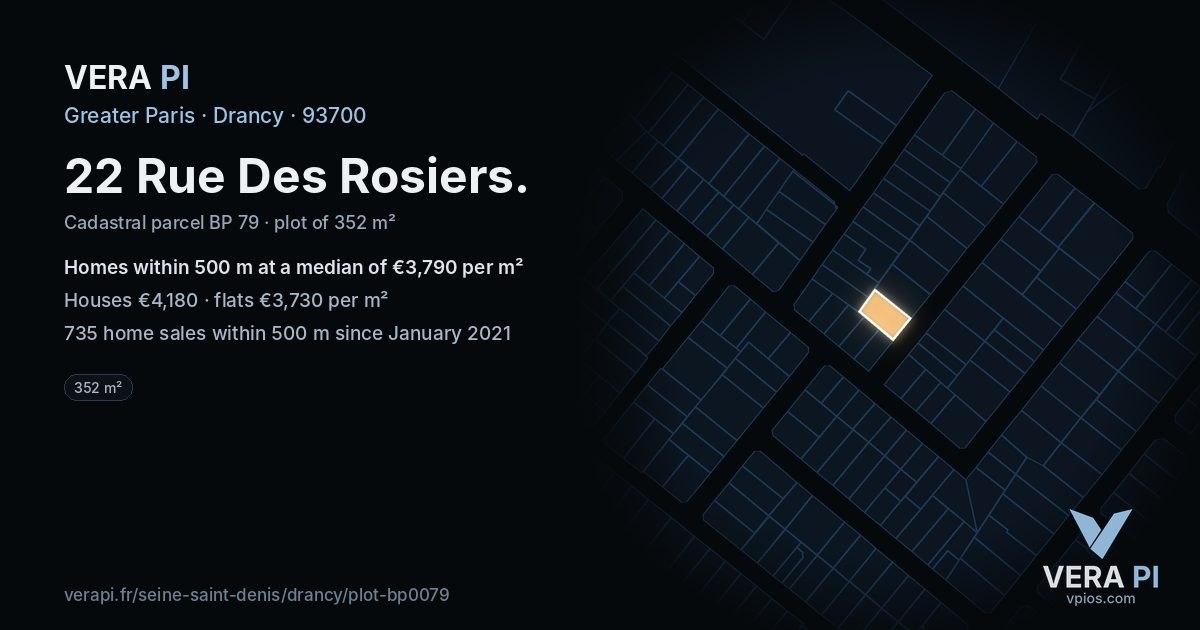 22 Rue Des Rosiers, Drancy at night – the plot lit, the parcels around coloured by the prices near them