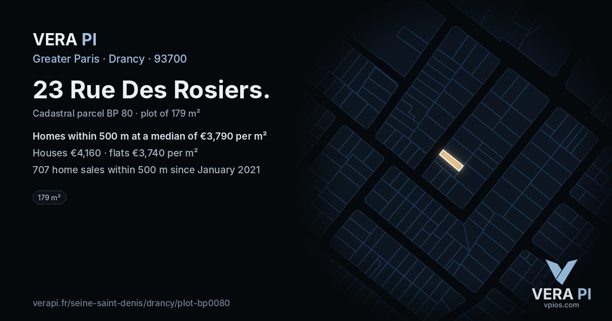 23 Rue Des Rosiers, Drancy at night – the plot lit, the parcels around coloured by the prices near them