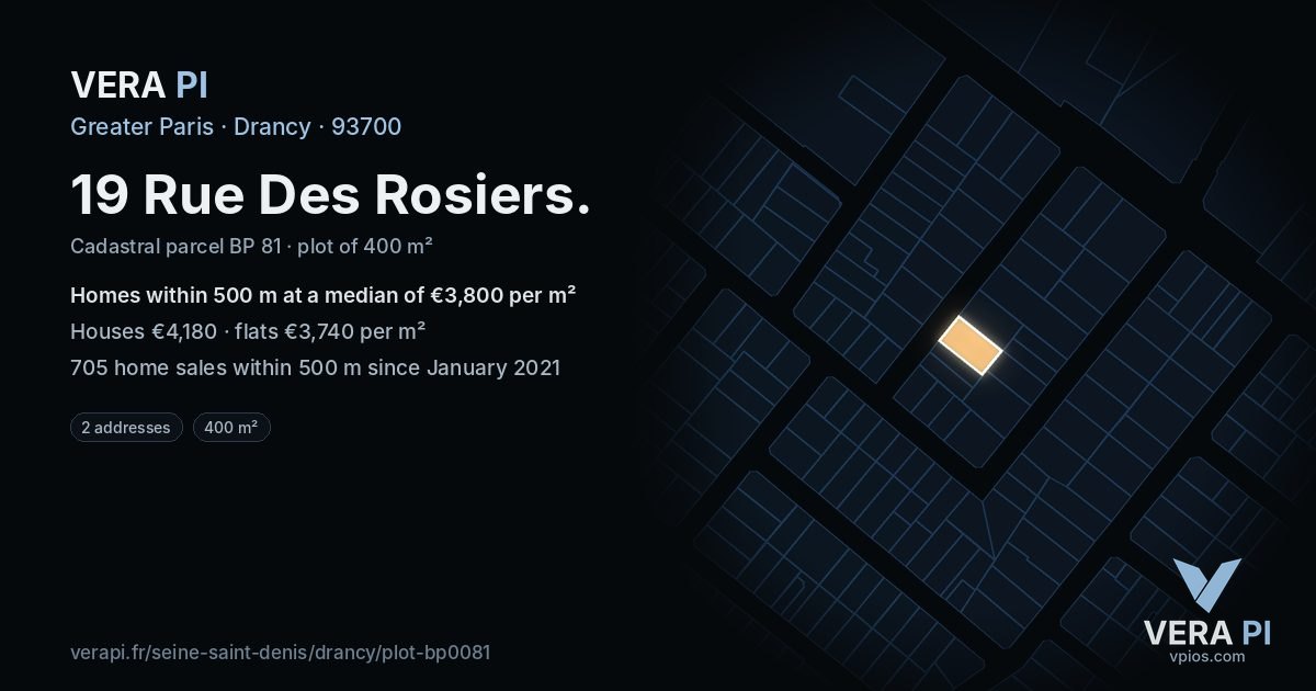 19 Rue Des Rosiers, Drancy at night – the plot lit, the parcels around coloured by the prices near them