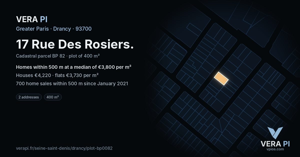 17 Rue Des Rosiers, Drancy at night – the plot lit, the parcels around coloured by the prices near them