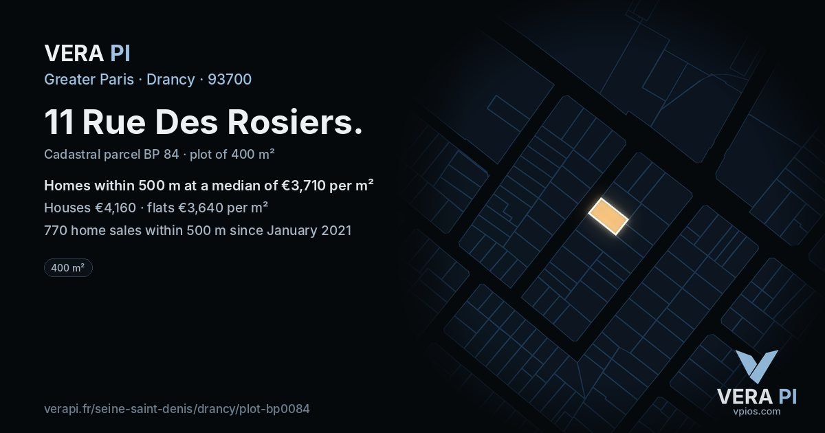 11 Rue Des Rosiers, Drancy at night – the plot lit, the parcels around coloured by the prices near them