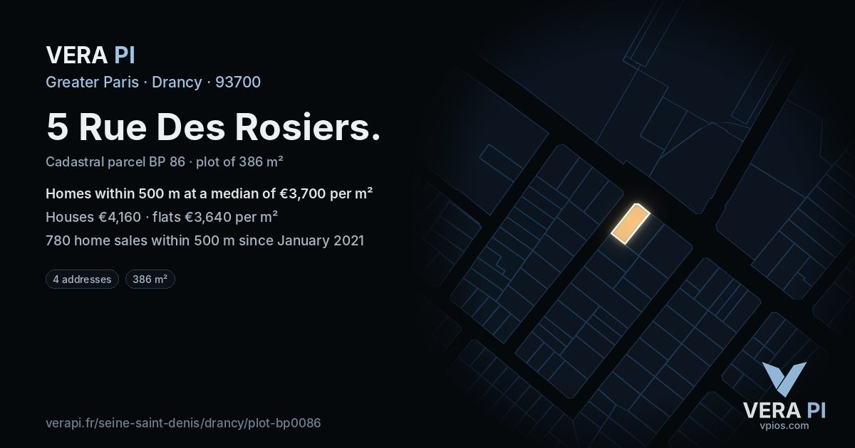 5 Rue Des Rosiers, Drancy at night – the plot lit, the parcels around coloured by the prices near them