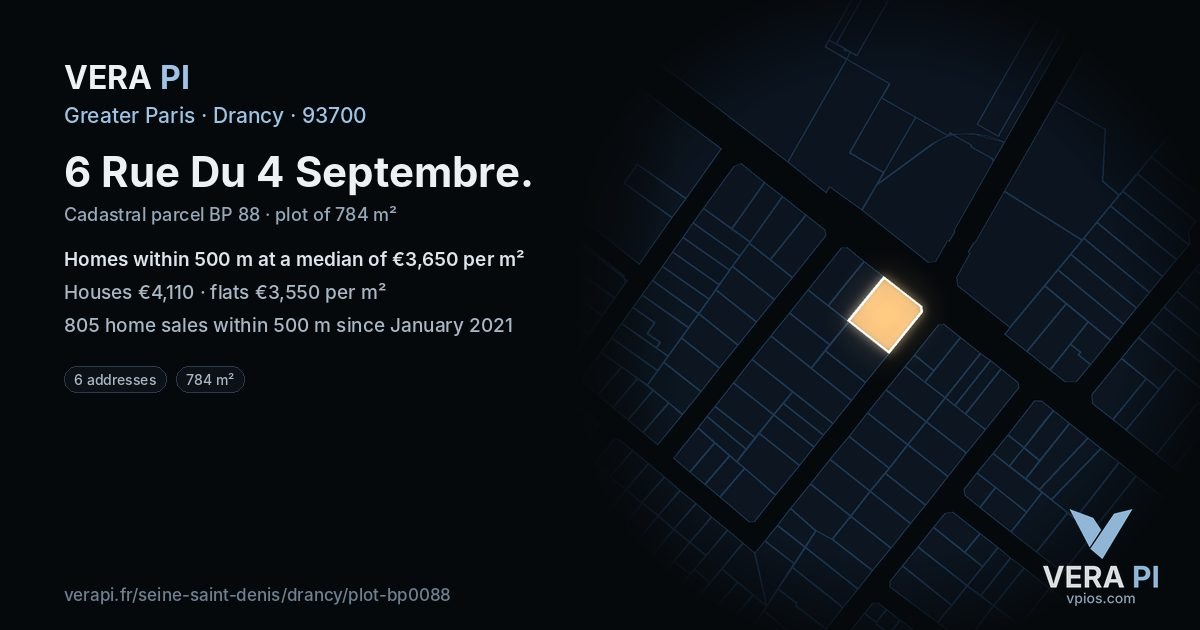 6 Rue Du 4 Septembre, Drancy at night – the plot lit, the parcels around coloured by the prices near them