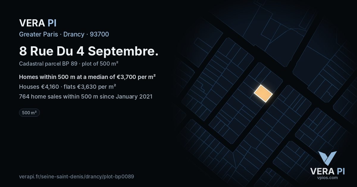 8 Rue Du 4 Septembre, Drancy at night – the plot lit, the parcels around coloured by the prices near them