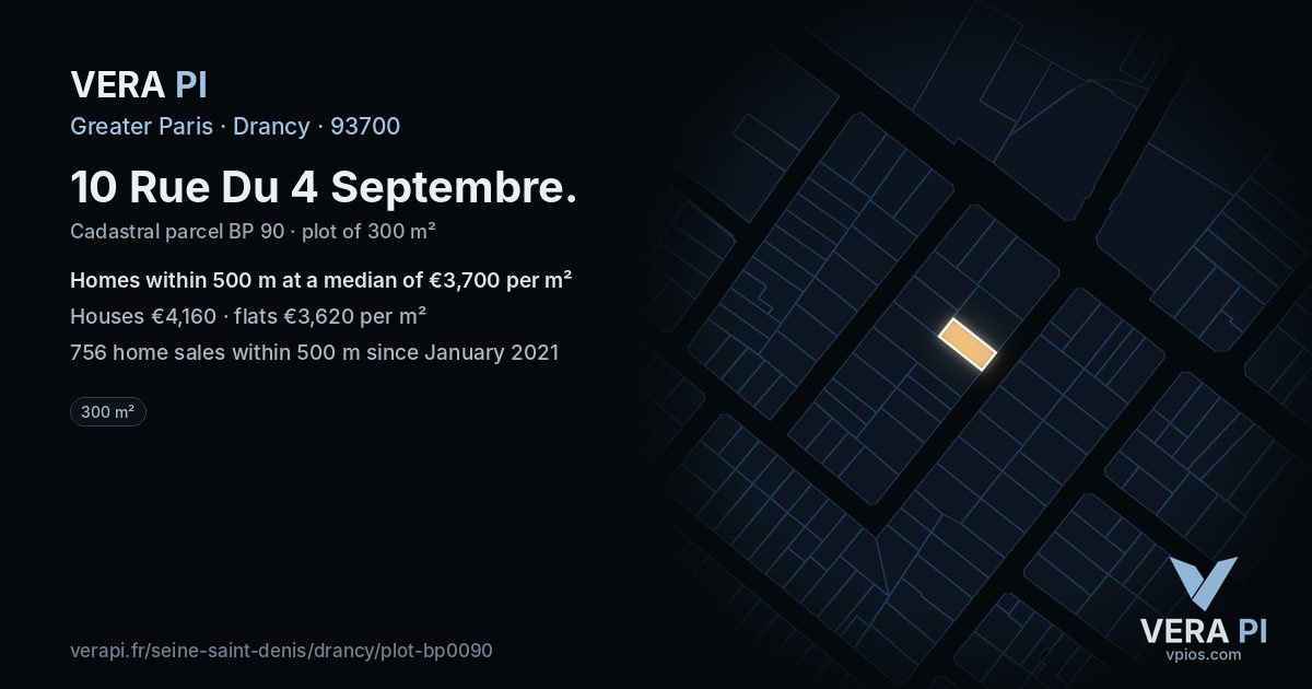10 Rue Du 4 Septembre, Drancy at night – the plot lit, the parcels around coloured by the prices near them