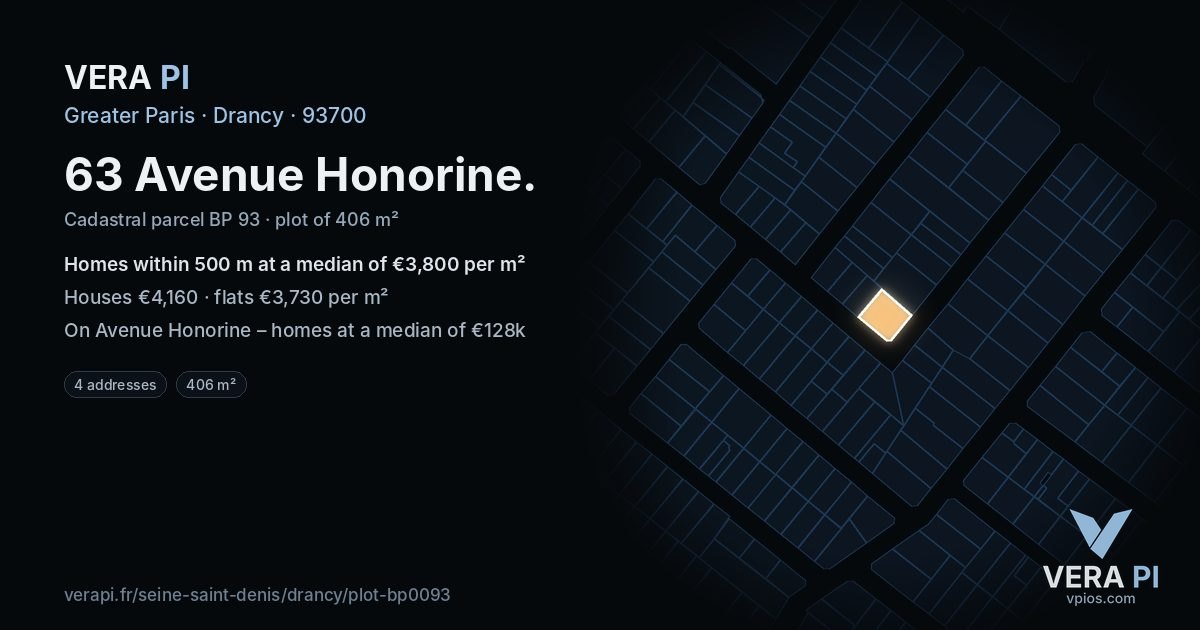 63 Avenue Honorine, Drancy at night – the plot lit, the parcels around coloured by the prices near them