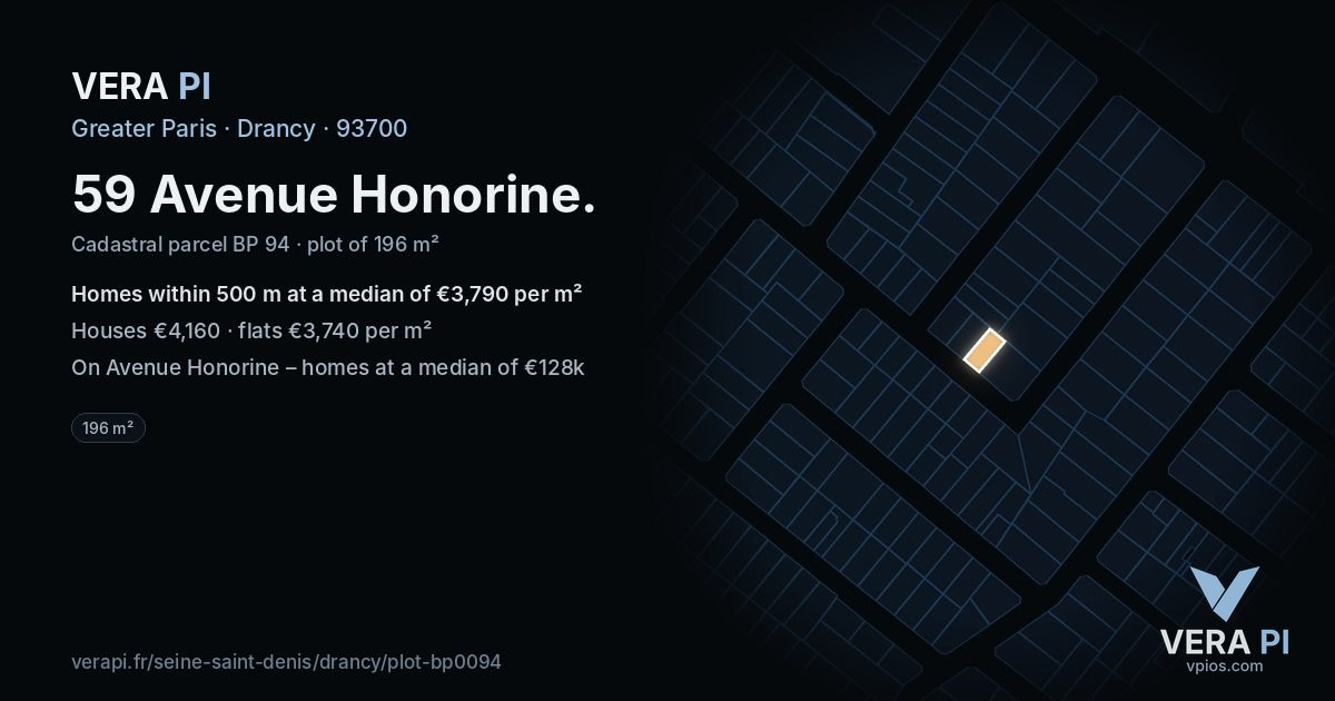 59 Avenue Honorine, Drancy at night – the plot lit, the parcels around coloured by the prices near them