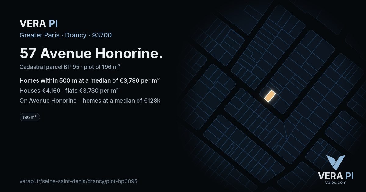 57 Avenue Honorine, Drancy at night – the plot lit, the parcels around coloured by the prices near them