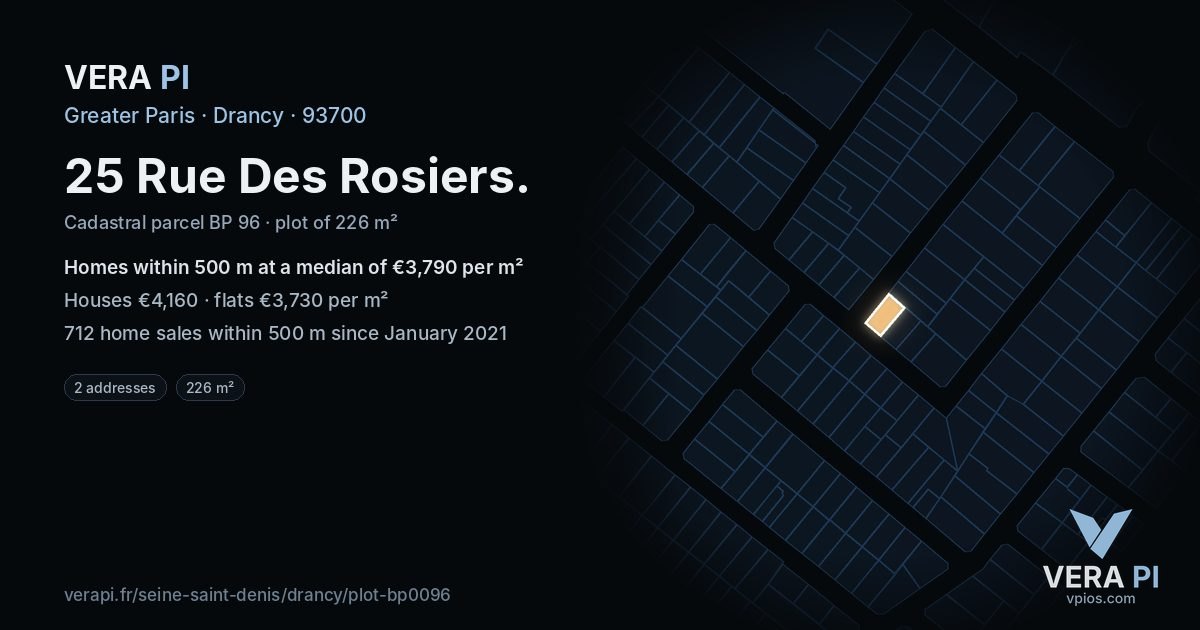 25 Rue Des Rosiers, Drancy at night – the plot lit, the parcels around coloured by the prices near them