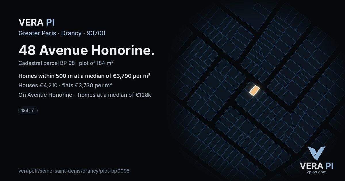 48 Avenue Honorine, Drancy at night – the plot lit, the parcels around coloured by the prices near them