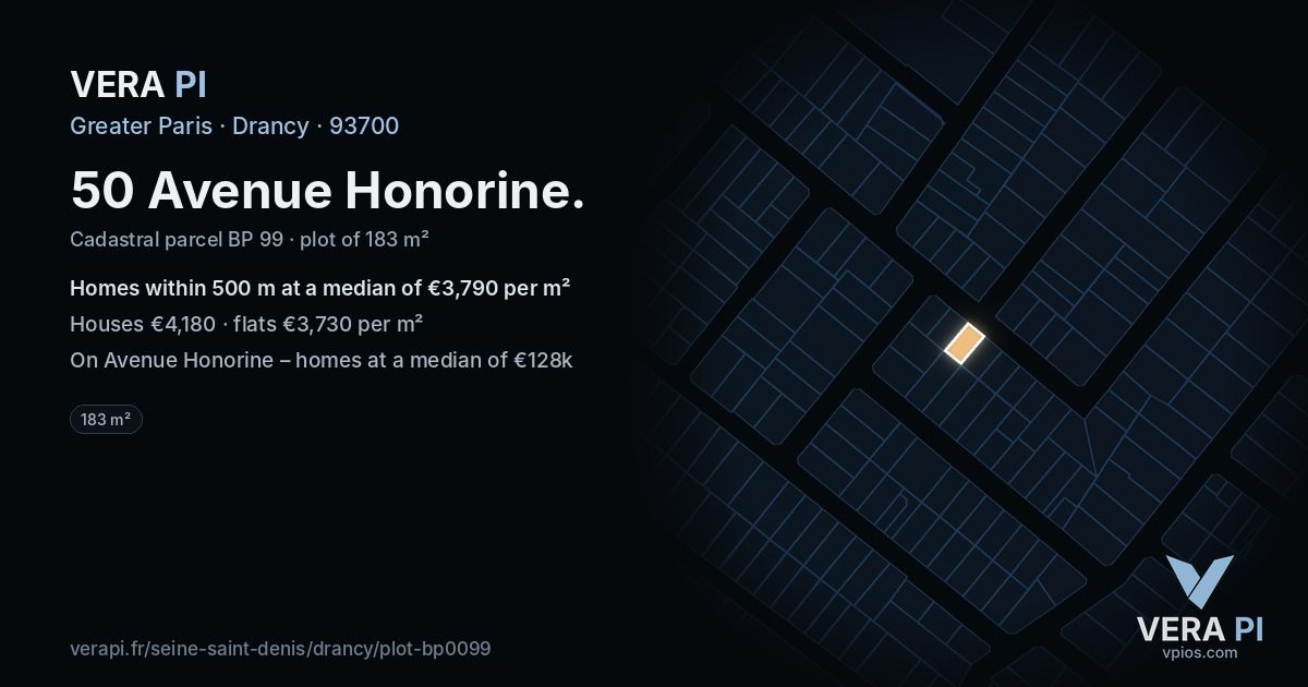 50 Avenue Honorine, Drancy at night – the plot lit, the parcels around coloured by the prices near them