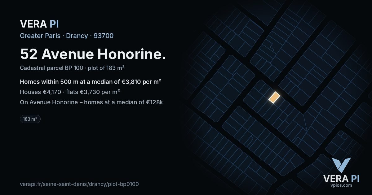 52 Avenue Honorine, Drancy at night – the plot lit, the parcels around coloured by the prices near them